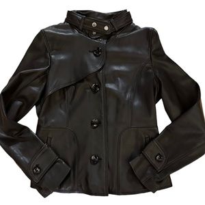 S&K Black peplum faux leather biker jacket w/ lining and art on the inside  2-4